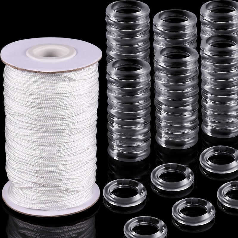 Shappy 100 Pieces Clear Roman Curtain Rings 55 Yards Roman Blind Cord 8 to 13 mm Transparent Plastic Rings 1.8 mm White Braided Lift Shade Cord for DIY Blind Curtains(White) - Image 1