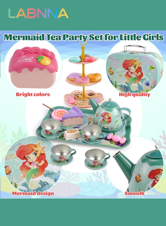 LABNNA 48 Pcs Mermaid Kids Tea Party Set with Carrying Case Sweet Treats Playset,Pretend Toy Tin Tea Set for Little Girls,Princess Tea Time Pretend Play Tea Set Toys Birthday Gifts - Image 5