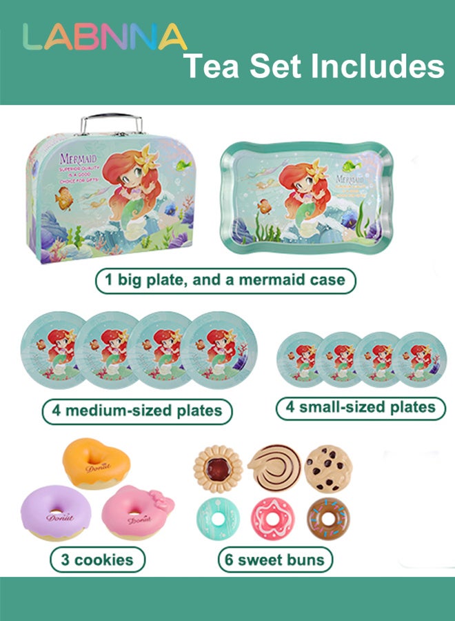 LABNNA 48 Pcs Mermaid Kids Tea Party Set with Carrying Case Sweet Treats Playset,Pretend Toy Tin Tea Set for Little Girls,Princess Tea Time Pretend Play Tea Set Toys Birthday Gifts - Image 2