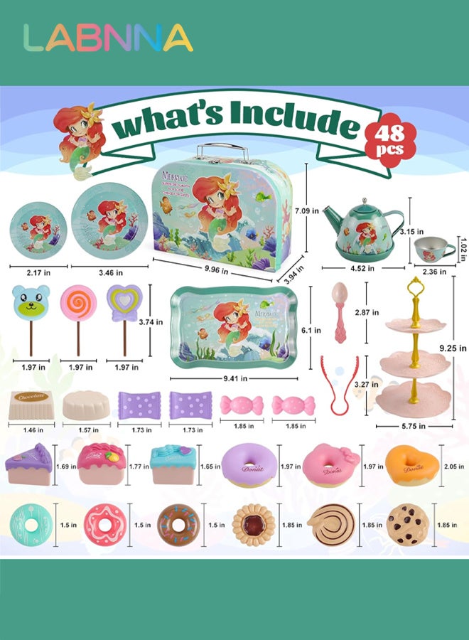 LABNNA 48 Pcs Mermaid Kids Tea Party Set with Carrying Case Sweet Treats Playset,Pretend Toy Tin Tea Set for Little Girls,Princess Tea Time Pretend Play Tea Set Toys Birthday Gifts - Image 3