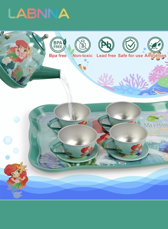 LABNNA 48 Pcs Mermaid Kids Tea Party Set with Carrying Case Sweet Treats Playset,Pretend Toy Tin Tea Set for Little Girls,Princess Tea Time Pretend Play Tea Set Toys Birthday Gifts - Image 4