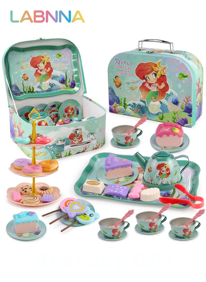 LABNNA 48 Pcs Mermaid Kids Tea Party Set with Carrying Case Sweet Treats Playset,Pretend Toy Tin Tea Set for Little Girls,Princess Tea Time Pretend Play Tea Set Toys Birthday Gifts - Image 1