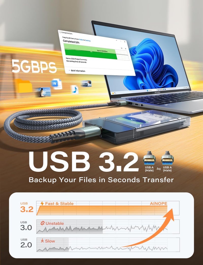 AINOPE USB to USB Cable, USB 3.0 A to A Male to Male Cable [Never Rupture] Double End Type A Cord Compatible with Hard Drive Enclosures, KVM, DVD Player, TV, Laptop Cooler,10Ft/Grey, 1 Pack - Image 4