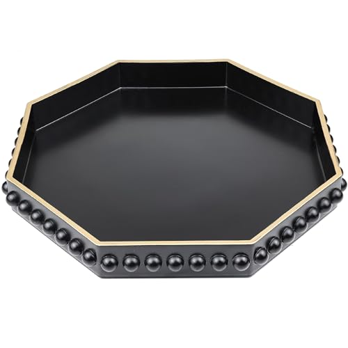SforGUVA Black Serving Tray for Coffee Table Octagonal Beaded Plastic Decorative Tray for Ottoman Kitchen Counter Living Room Outdoor Lacquer Tray for Entertaining - Image 1