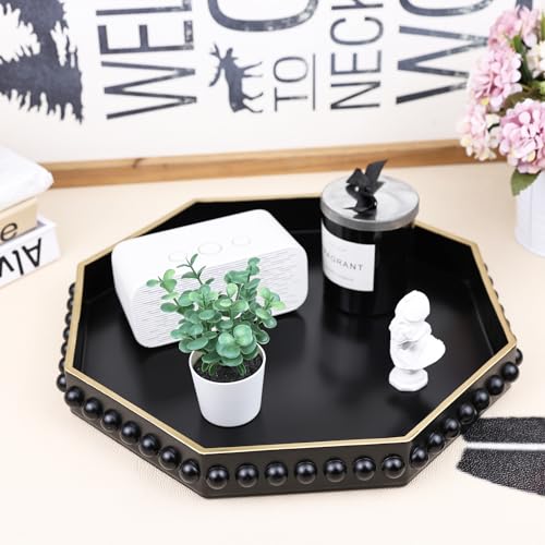 SforGUVA Black Serving Tray for Coffee Table Octagonal Beaded Plastic Decorative Tray for Ottoman Kitchen Counter Living Room Outdoor Lacquer Tray for Entertaining - Image 3