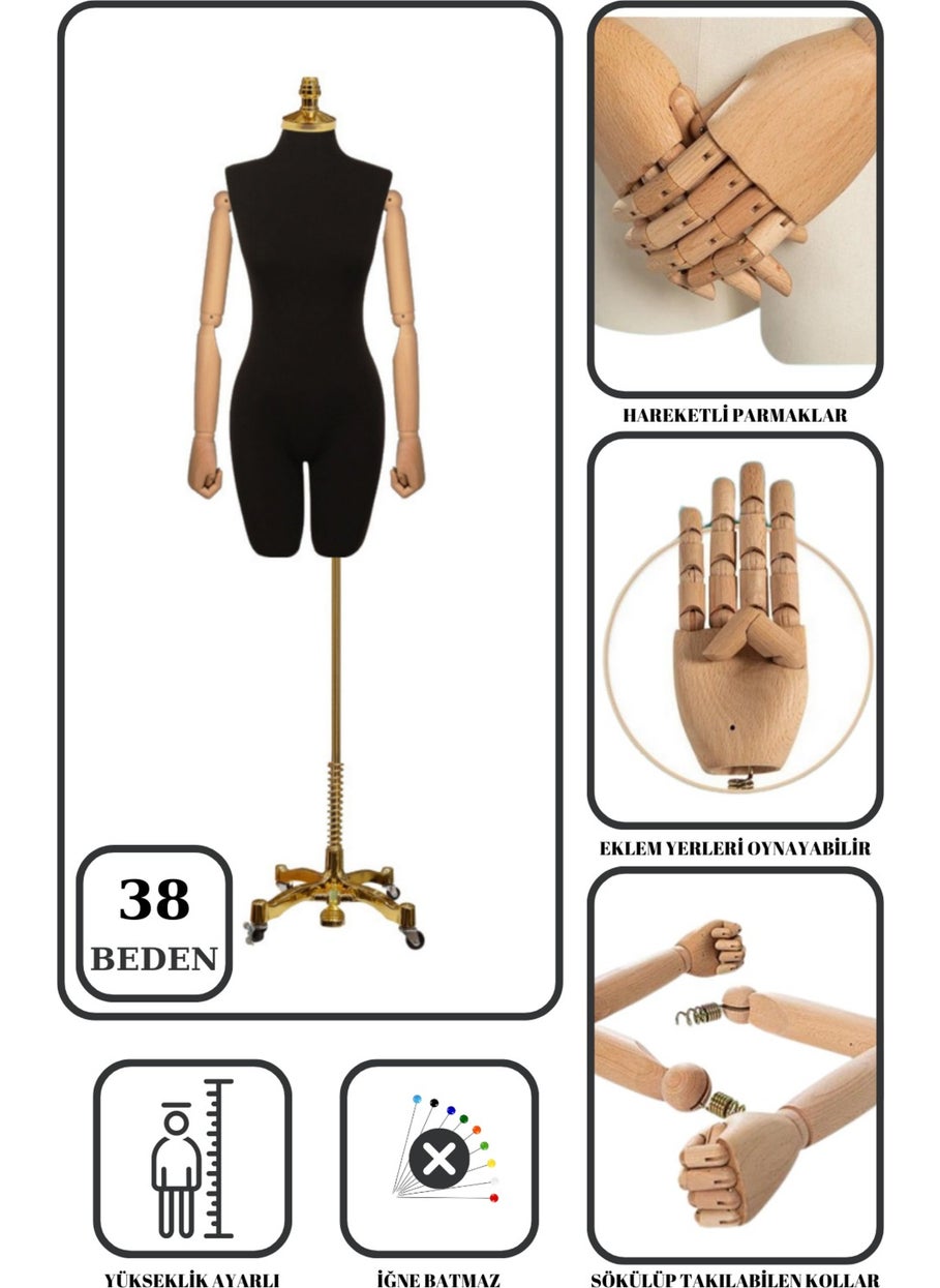 Manken İstanbul Mannequin Istanbul Luxury Gold Footed Tailor Mannequin with Wooden Arms Size 38 That Can Wear Trousers Showcase Mannequin  - Image 1