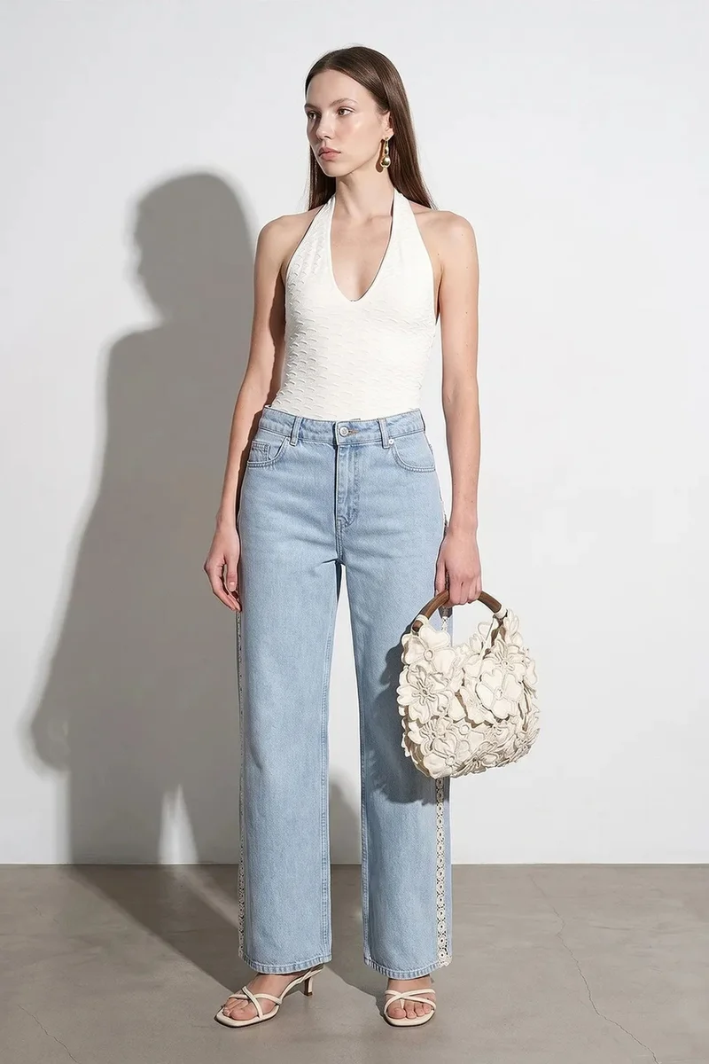 Dilvin Light Blue Denim DILVIN High-Waist Straight Embroidered Jeans for Women | Best Price UAE