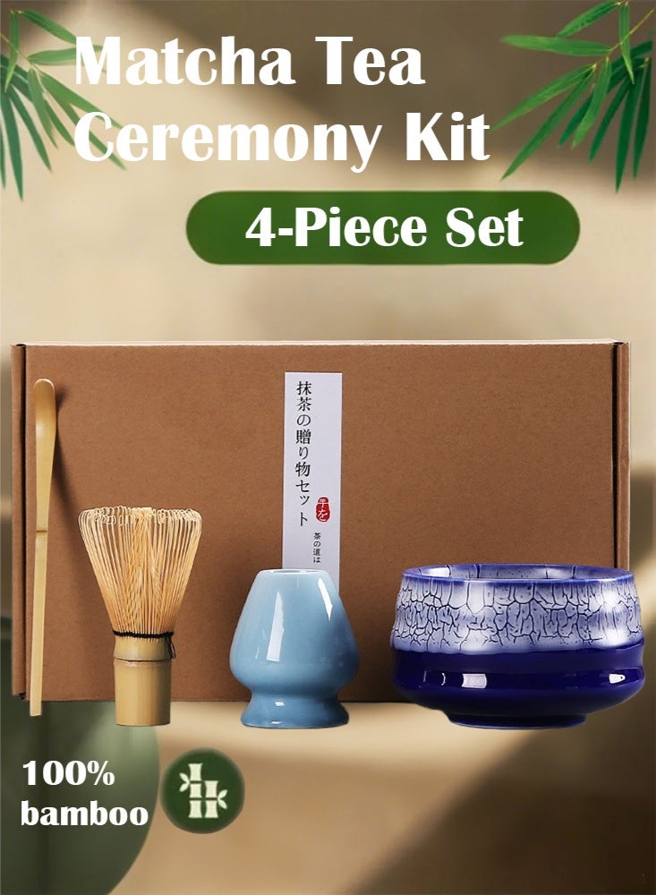 PHISMA 4 Piece Matcha Set, Traditional Handmade Tea Tool with Ceramic Bowl, Scoop, Prong Bamboo Matcha Whisk and Holder - Image 1