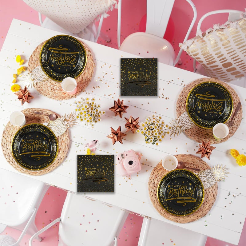 73Hours 72PCS Happy Birthday Plates and Napkins Party Supplies, Black Gold Dot Paper Plates and Napkins with Forks Disposable Tableware Set for Birthday Party Decorations, Serves 24 - Image 5