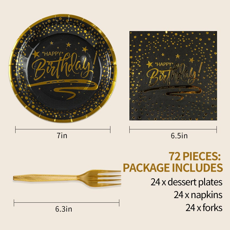 73Hours 72PCS Happy Birthday Plates and Napkins Party Supplies, Black Gold Dot Paper Plates and Napkins with Forks Disposable Tableware Set for Birthday Party Decorations, Serves 24 - Image 2