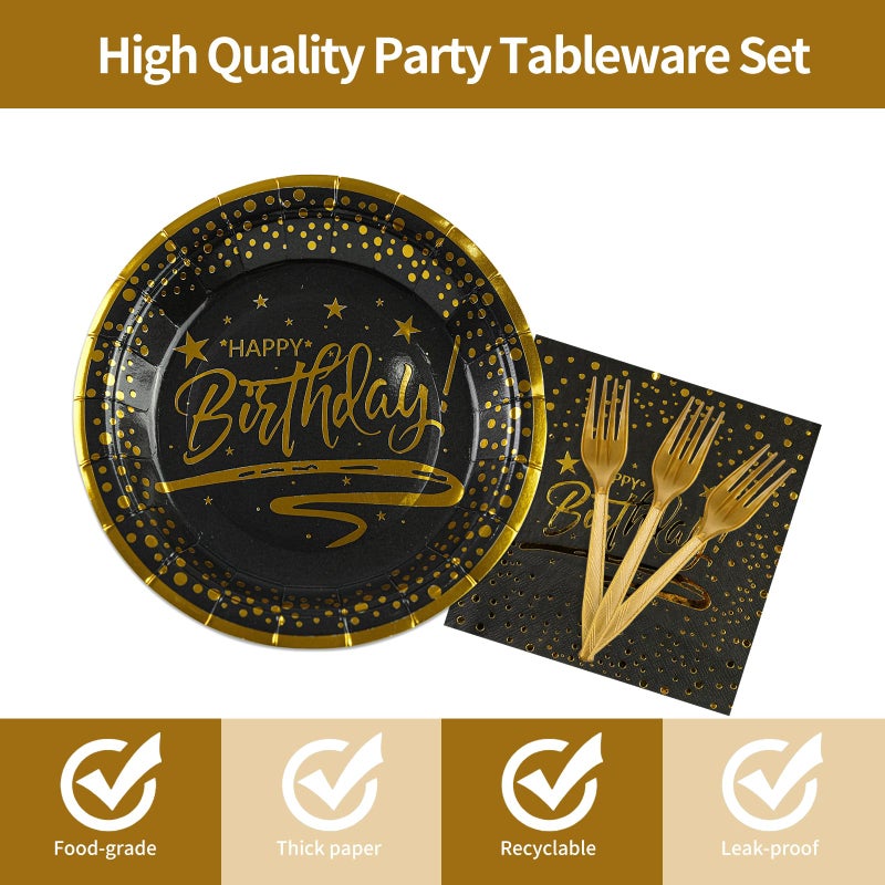 73Hours 72PCS Happy Birthday Plates and Napkins Party Supplies, Black Gold Dot Paper Plates and Napkins with Forks Disposable Tableware Set for Birthday Party Decorations, Serves 24 - Image 3