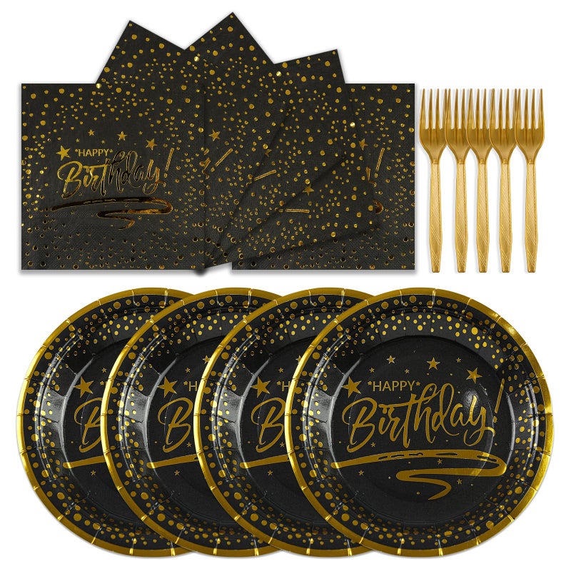 73Hours 72PCS Happy Birthday Plates and Napkins Party Supplies, Black Gold Dot Paper Plates and Napkins with Forks Disposable Tableware Set for Birthday Party Decorations, Serves 24 - Image 1