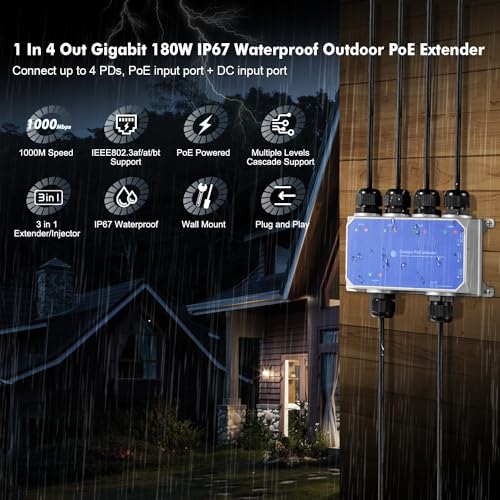 Binardat IP67 Outdoor Gigabit PoE Passthrough Switch, 1 In 4 Out Extender, IEEE802.3af/at/bt Powered 90W, 10/100/1000Mbps Ethernet, Metal Wall Mount Waterproof Plug and Play - Image 2