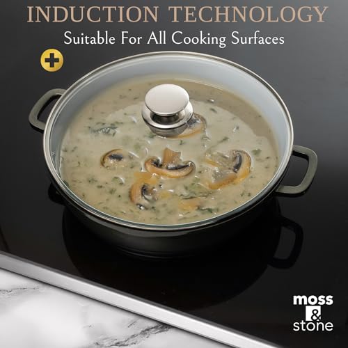 Moss & Stone 12 Inch Nonstick Large Skillet with Lid, 5 Quart Deep Saute Pan, Dishwasher & Oven Safe, Double Handled Frying Pan With Lid, PFOA Free Induction Compatible Cookware - Image 2