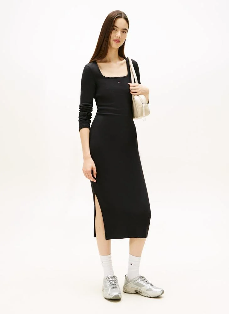 Ribbed Crew Neck Long Sleeve Midi Dress