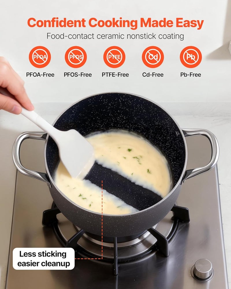 VEVOR Aluminum Stock Pot, 6-Quart Nonstick Ceramic Coated Pot with Glass Lid, PFOA-Free, PFAS-Free, Compatible with Gas Stoves, Induction Cooktops, Electric Stoves, for Soups, Stews, and Pasta - Image 2