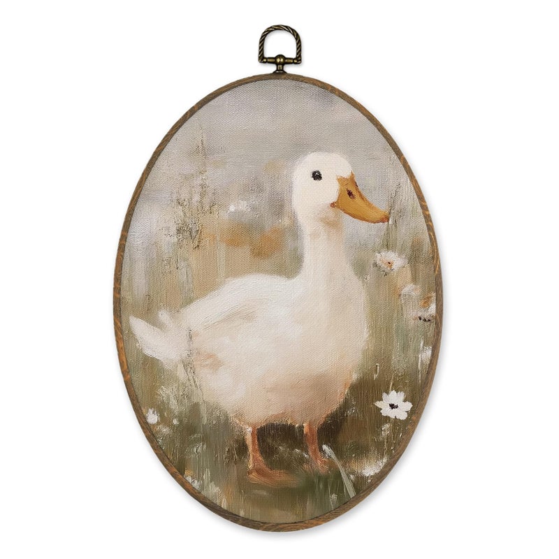 LKETW Vintage Farmhouse Duck Oval Wall Art Decor, Cottagecore Duck Wildflower Oval Canvas Hanging Decor, Rustic Farm Animal Wall Decorations for Home Bedroom Living Room, 8.6x11.4 Inch - Image 1