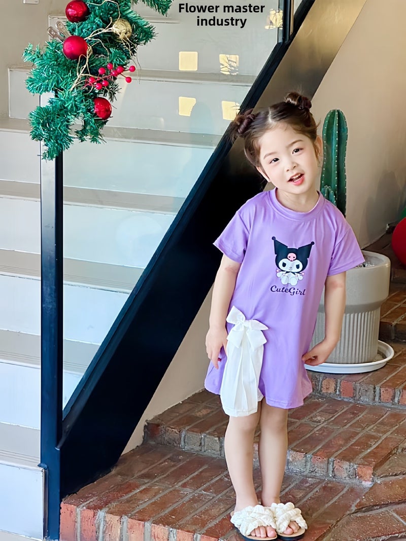 New 2024 Summer Dress New Girls Cartoon Cute dress Short-sleeved T-shirt Dress Princess Bow Dress for Girls Purple Skirt [879#]#] 