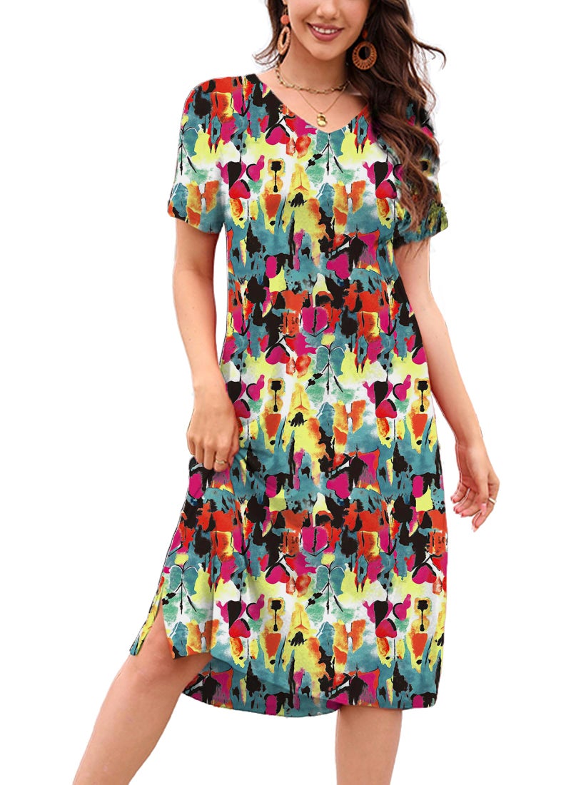 VOBCTY Women's Casual Short Sleeve Tshirt Dress Summer Side Split Loose V Neck Dresses(72B,Large) - Image 1