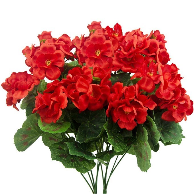 2 Pcs Artificial Red Geranium Bush Faux Flowers Geraniums Silk Flowers Outdoor Plant Bush Red Geraniums for Floral Home Decor Indoor Garden Patio Grave Cemetary Vase Table Centerpiece