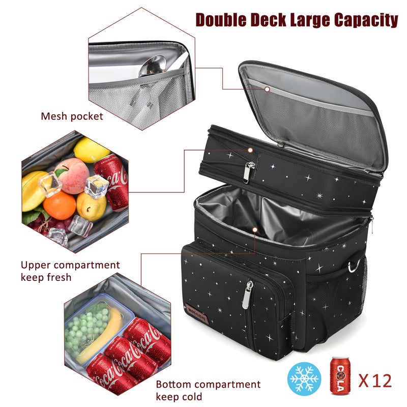 MIYCOO Lunch Bag & Lunch Box for Women Men, Double Deck Leakproof Insulated Soft Large Adult Camping Cooler bag for Work, Beach, Picnic, Travel (Black Starry Sky, 15L) - Image 5