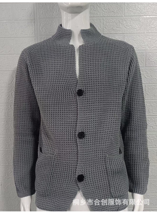 Gray Men's Sweater Jacket Slim Suit Stand Collar Knitted Sweater Cardigan For Men