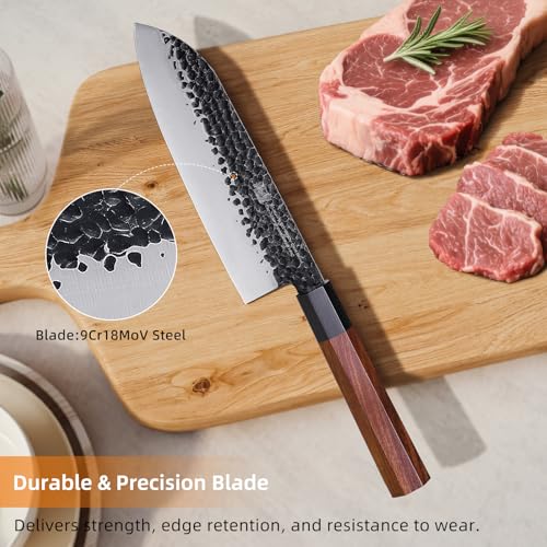 FINDKING Dynasty Series Japanese Santoku Knife, Professional Kitchen Knife, 9Cr18MoV High Carbon Steel Blade, African Rosewood Octagonal Handle, for Meat, Fruits, Vegetables, 7 Inches - Image 2