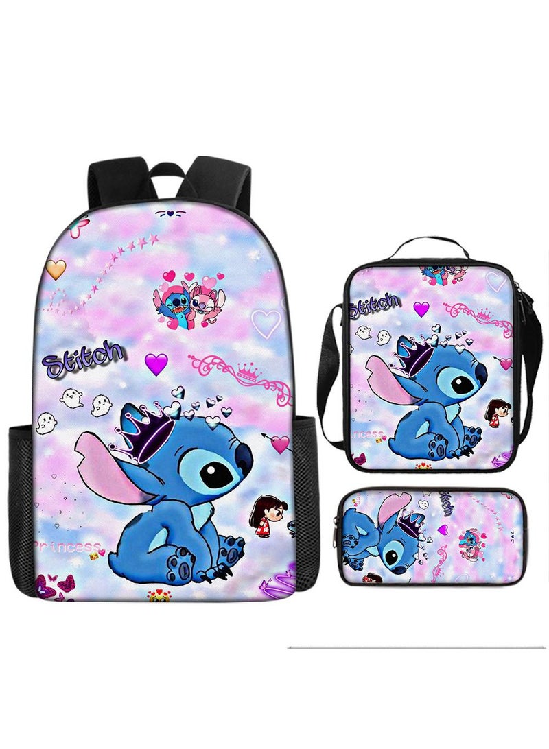 ZWX 3-Piece Cartoon Stitch 3D Print Kids Backpack Set - Image 1