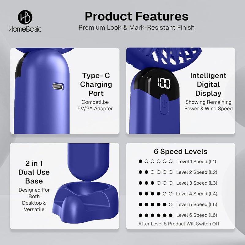 Home Basic مروحة محمولة باليد مع شاشة LED، 4500 دورة في الدقيقة، 6 سرعات، ضبط 100 سرعة، مروحة مكتبية قابلة لإعادة الشحن عبر USB، مروحة صغيرة قوية للسفر، المكتب، والاستخدام الخارجي - خفيفة الوزن وصامتة - Image 4