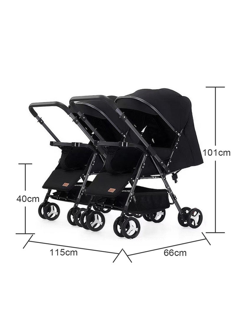 Baby Twin Stroller, Side By Side Double Strollers, Detachable and Reversible Pushchair With Adjustable Canopy And Backrest, Can Sit And Lie-black