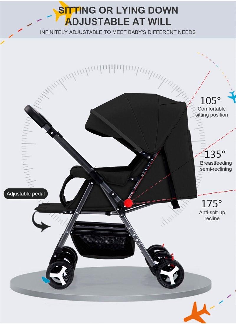 Baby Twin Stroller, Side By Side Double Strollers, Detachable and Reversible Pushchair With Adjustable Canopy And Backrest, Can Sit And Lie-black
