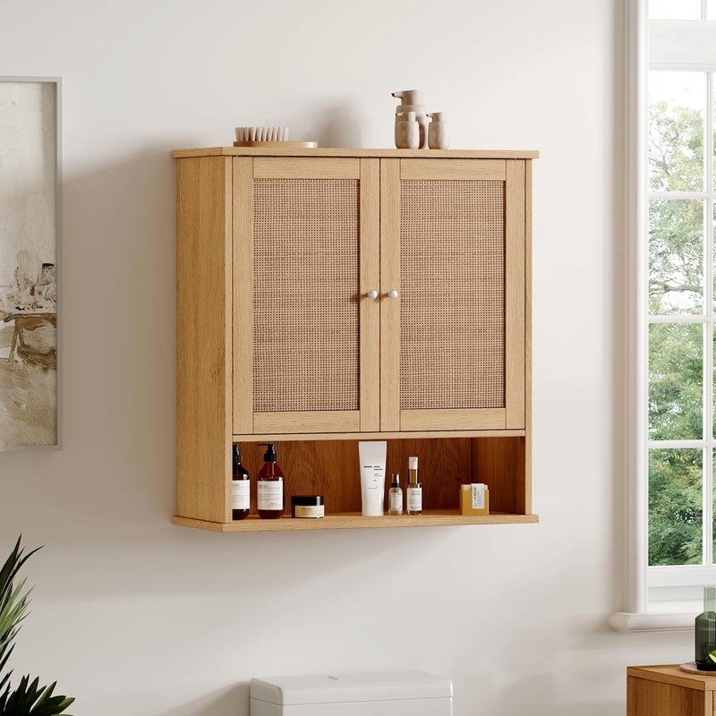 Reettic Rattan Two Door Wall Cabinet, Wooden Medicine Cabinet, Wall Mounted Bathroom Storage Cabinet with Inner Adjustable Shelf, for Bathroom, Kitchen, Entryway, Natural BMGZ103M - Image 2