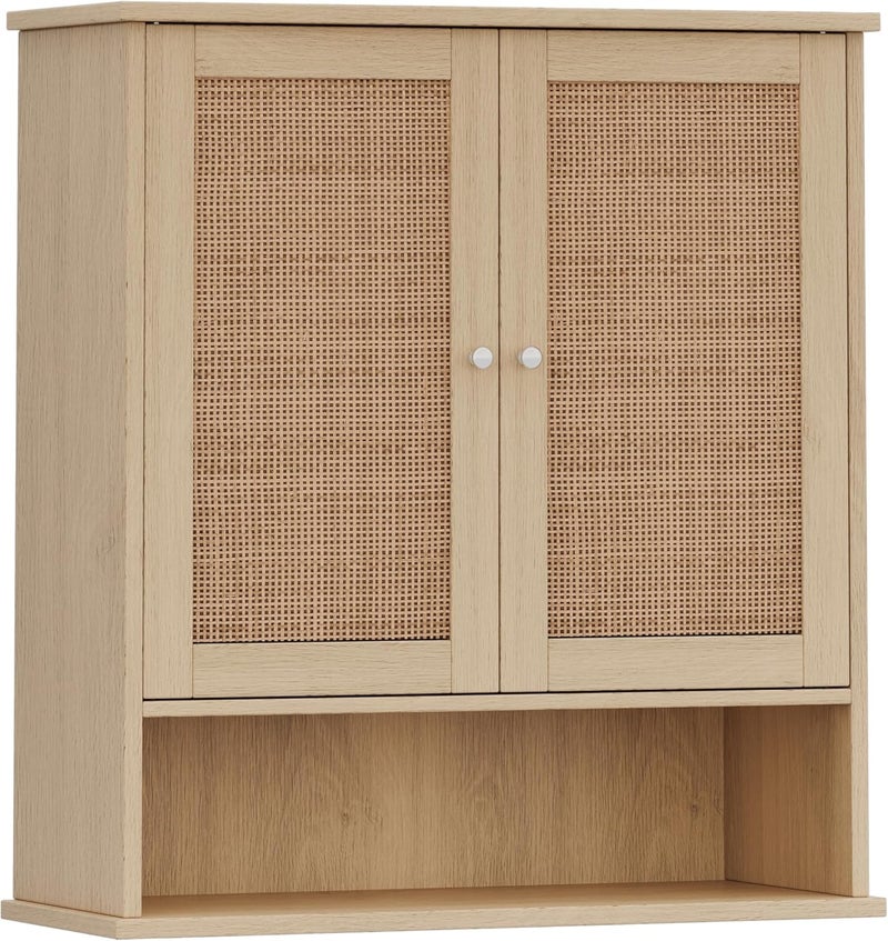 Reettic Rattan Two Door Wall Cabinet, Wooden Medicine Cabinet, Wall Mounted Bathroom Storage Cabinet with Inner Adjustable Shelf, for Bathroom, Kitchen, Entryway, Natural BMGZ103M - Image 1
