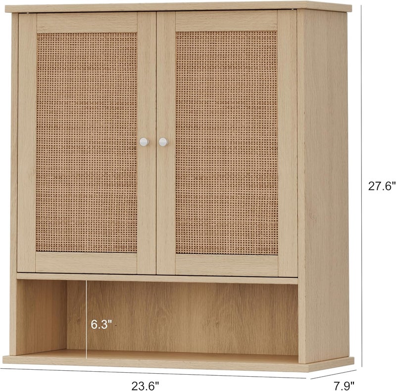 Reettic Rattan Two Door Wall Cabinet, Wooden Medicine Cabinet, Wall Mounted Bathroom Storage Cabinet with Inner Adjustable Shelf, for Bathroom, Kitchen, Entryway, Natural BMGZ103M - Image 3