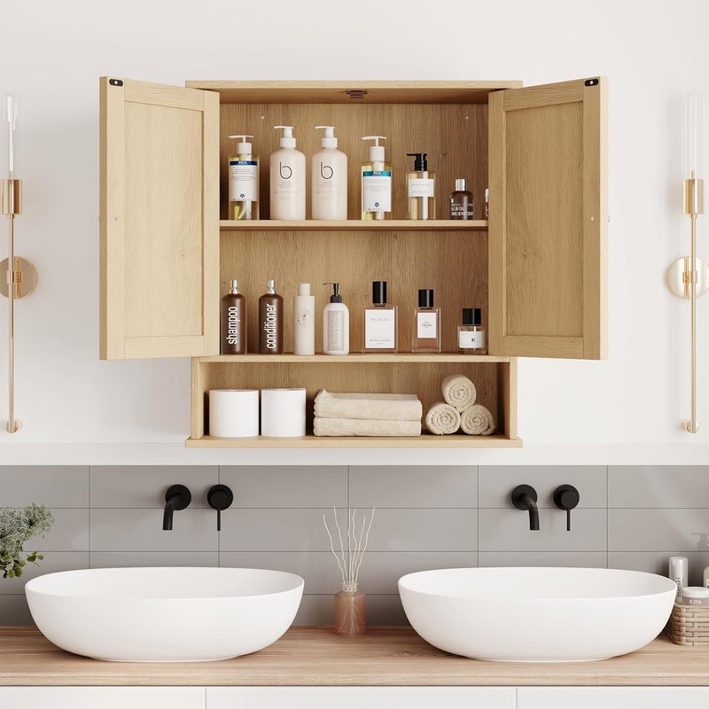 Reettic Rattan Two Door Wall Cabinet, Wooden Medicine Cabinet, Wall Mounted Bathroom Storage Cabinet with Inner Adjustable Shelf, for Bathroom, Kitchen, Entryway, Natural BMGZ103M - Image 5