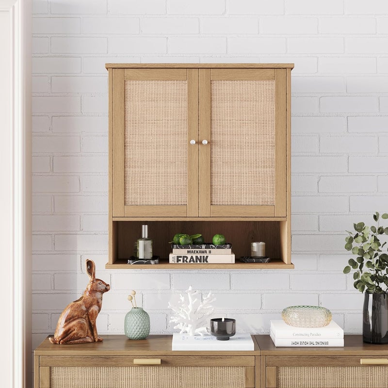 Reettic Rattan Two Door Wall Cabinet, Wooden Medicine Cabinet, Wall Mounted Bathroom Storage Cabinet with Inner Adjustable Shelf, for Bathroom, Kitchen, Entryway, Natural BMGZ103M - Image 4
