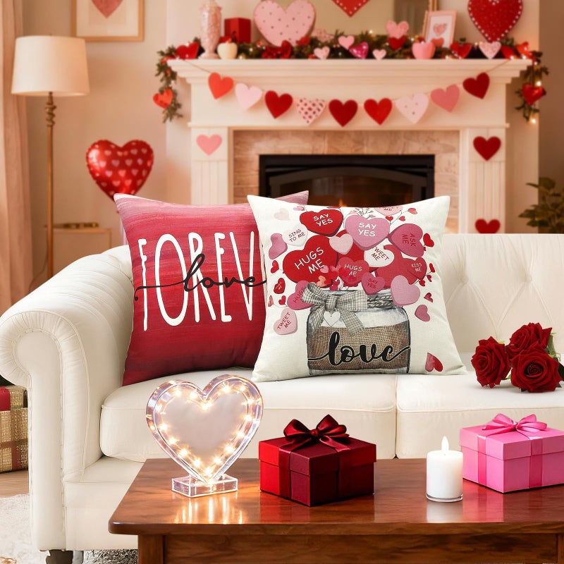 Artscope Valentine's Day Love Forever Throw Pillow Covers 18x18 Inch Set of 4, Valentine Wedding Red Pink Love Heart Decoration Pillow Cases for Home Sofa Couch - Image 5