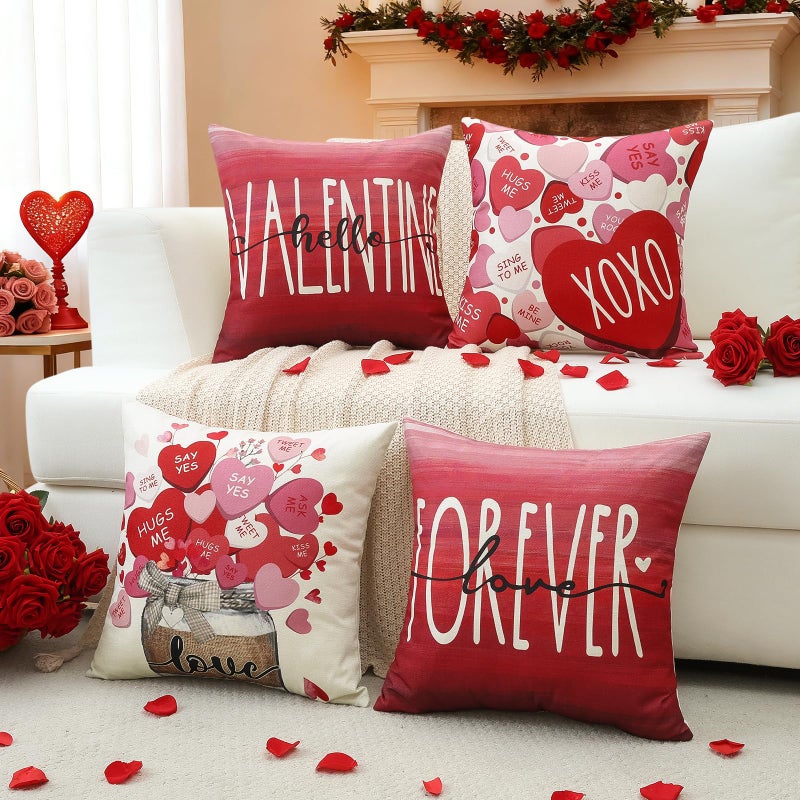 Artscope Valentine's Day Love Forever Throw Pillow Covers 18x18 Inch Set of 4, Valentine Wedding Red Pink Love Heart Decoration Pillow Cases for Home Sofa Couch - Image 2