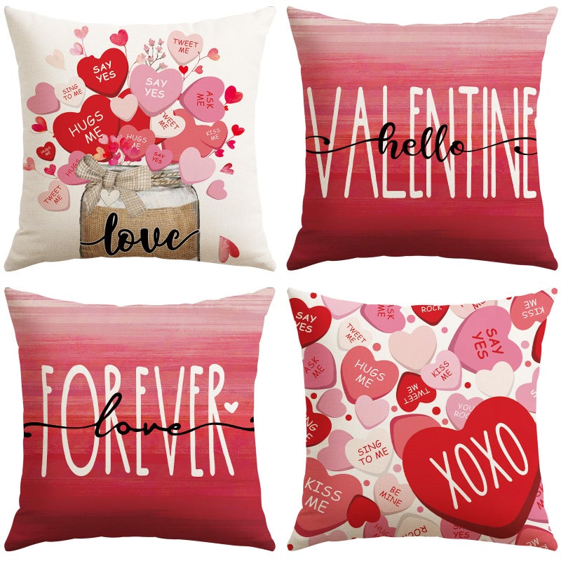 Artscope Valentine's Day Love Forever Throw Pillow Covers 18x18 Inch Set of 4, Valentine Wedding Red Pink Love Heart Decoration Pillow Cases for Home Sofa Couch - Image 1