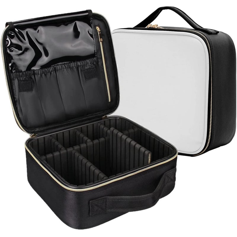LAFILLETTE Travel Cosmetic Bags Professional Makeup Case Box Organizer with Adjustable Dividers Compartments for Makeup Brushes Toiletry Jewelry Digital Accessories 10 INCH 1 LAYER BLACK  WHITE - Image 1