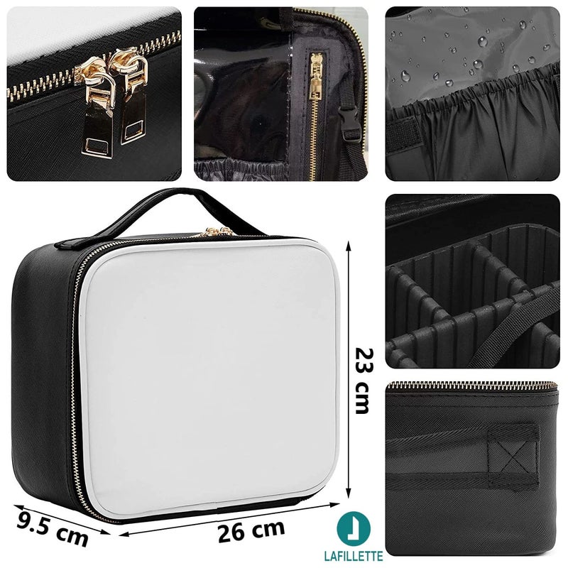 LAFILLETTE Travel Cosmetic Bags Professional Makeup Case Box Organizer with Adjustable Dividers Compartments for Makeup Brushes Toiletry Jewelry Digital Accessories 10 INCH 1 LAYER BLACK  WHITE - Image 2