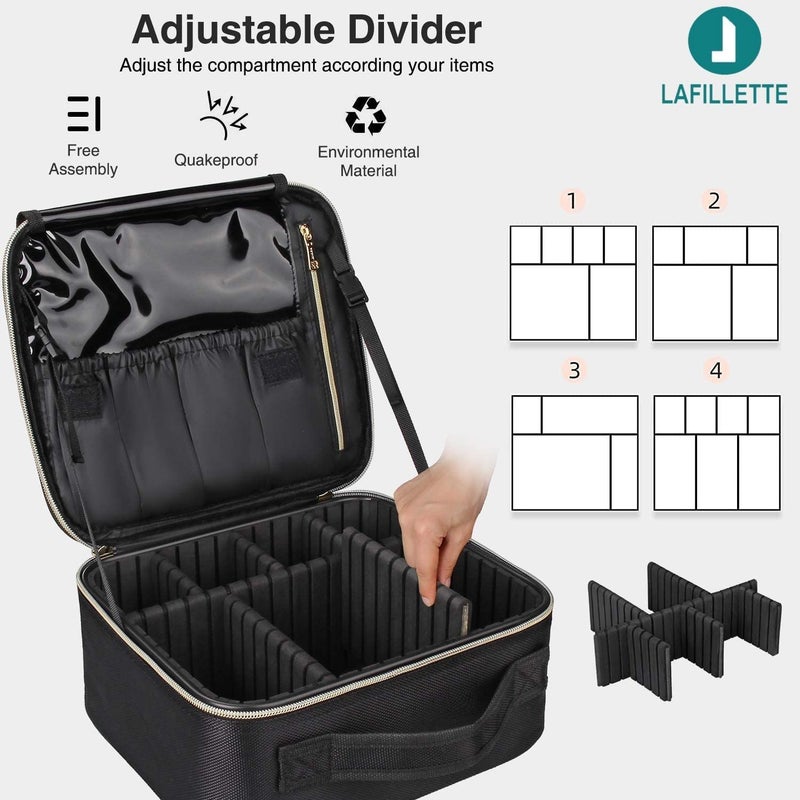 LAFILLETTE Travel Cosmetic Bags Professional Makeup Case Box Organizer with Adjustable Dividers Compartments for Makeup Brushes Toiletry Jewelry Digital Accessories 10 INCH 1 LAYER BLACK  WHITE - Image 4