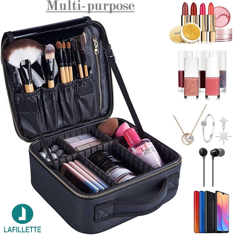 LAFILLETTE Travel Cosmetic Bags Professional Makeup Case Box Organizer with Adjustable Dividers Compartments for Makeup Brushes Toiletry Jewelry Digital Accessories 10 INCH 1 LAYER BLACK  WHITE - Image 5