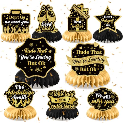 Wayyogh 9Pcs Farewell Party Decorations Black Gold Rude That Youre Leaving But Ok Honeycomb Centerpieces We Will Miss You Table Topper Decor for Coworker Leaving Goodbye Going Away Retirement Party Supplies - Image 1