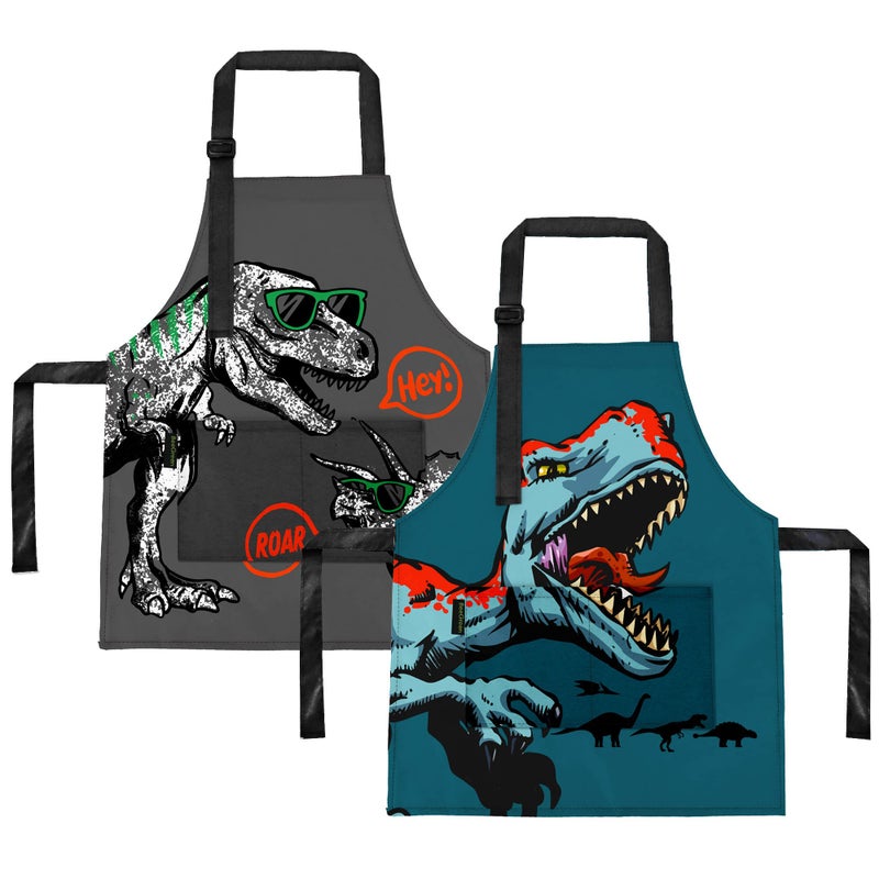 BeeGreen Kids Apron 2 Pack Dinosaur Painting Aprons w Adjustable Strap  Front Pockets Toddler Aprons for Girls  Boys Artist Smocks for Cooking Baking Kitchen Aprons Washable Waterproof