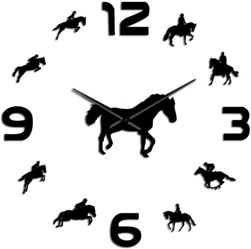 Acrylic Horse Riding Clock Kit for Wall Design, Frameless 3D Wall Clock with Mirror Stickers for Living Room Decor, Black, 37inches - Image 1