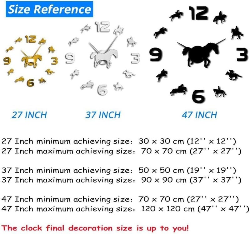 Acrylic Horse Riding Clock Kit for Wall Design, Frameless 3D Wall Clock with Mirror Stickers for Living Room Decor, Black, 37inches - Image 3