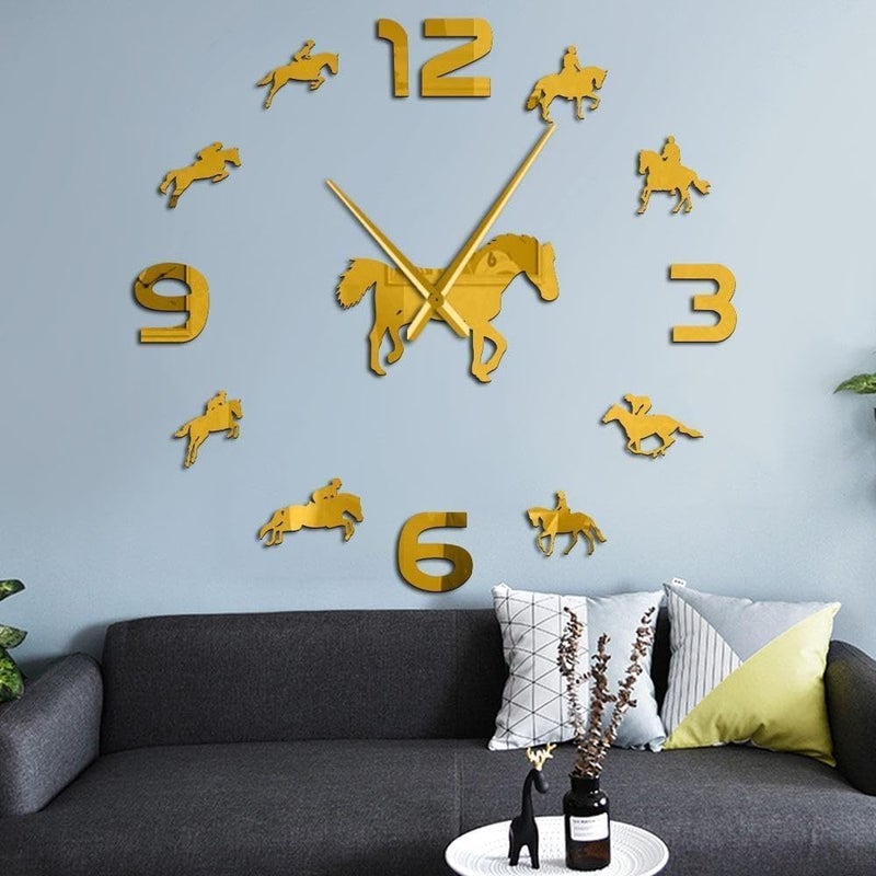 Acrylic Horse Riding Clock Kit for Wall Design, Frameless 3D Wall Clock with Mirror Stickers for Living Room Decor, Black, 37inches - Image 2
