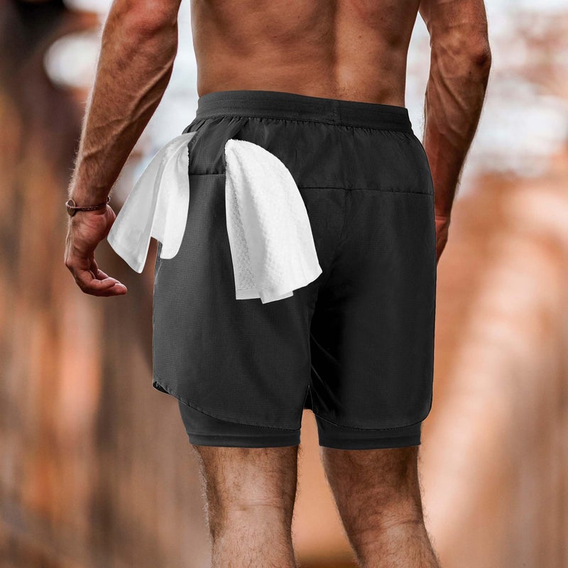 NIMOJIRO Men's 2 in 1 Running Shorts Workout Athletic Shorts Outdoor Sports with Liner Lightweight Training Yoga Gym Shorts with Phone Pockets Black L - Image 2