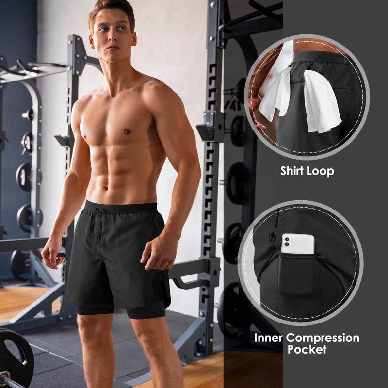 NIMOJIRO Men's 2 in 1 Running Shorts Workout Athletic Shorts Outdoor Sports with Liner Lightweight Training Yoga Gym Shorts with Phone Pockets Black L - Image 4